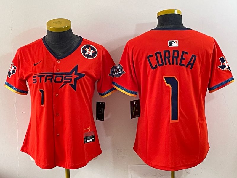 Women 2025 Houston Astros #1 Correa Orange Four generations Joint Name Nike MLB Jersey style 01